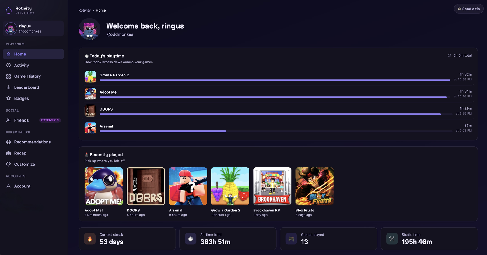 The Rotivity dashboard: today's playtime by game, recently played games, current streak, all-time total, games played, and Studio time
